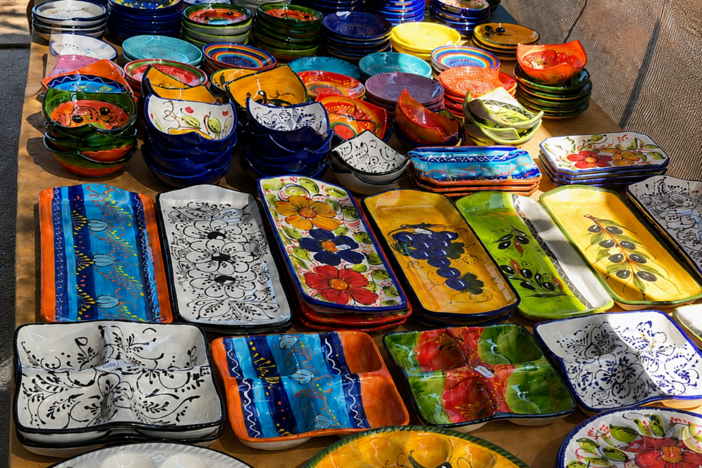Colourful hand-painted Andalusian ceramics at the weekly market in Almuñécar.